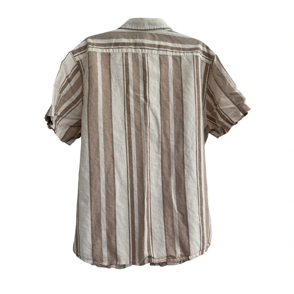 Banana Republic Mens XL Slim Fit Linen Cotton Striped Short Sleeve Shirt Tan